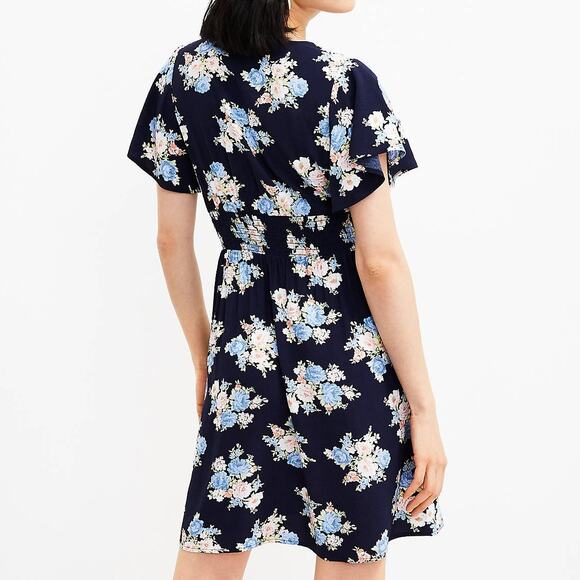 Ann Taylor Loft Floral Flutter V-Neck Pocket Short Dress Womens 2 Petite Blue - Picture 5 of 9